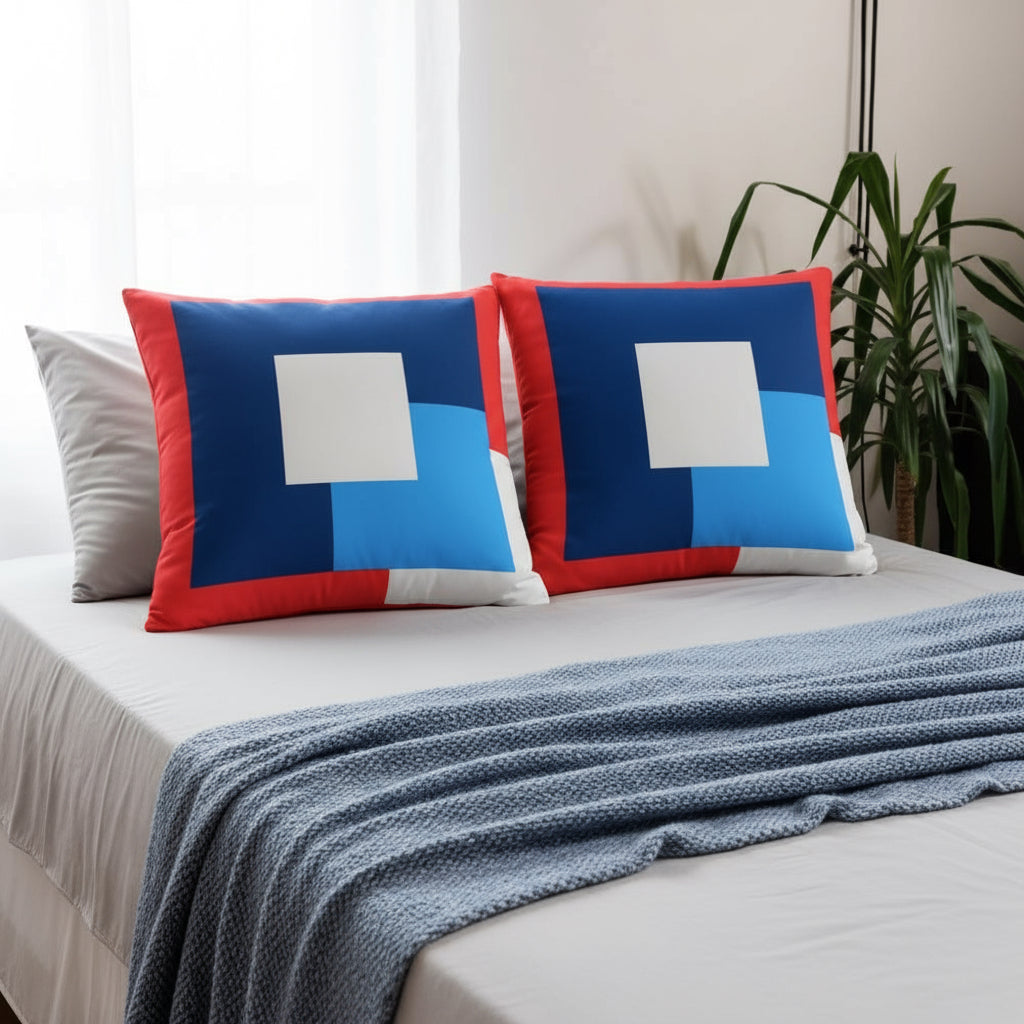 Abstract Red, Blue & White Throw Pillow – Modern Art Accent | 22×22 Inches