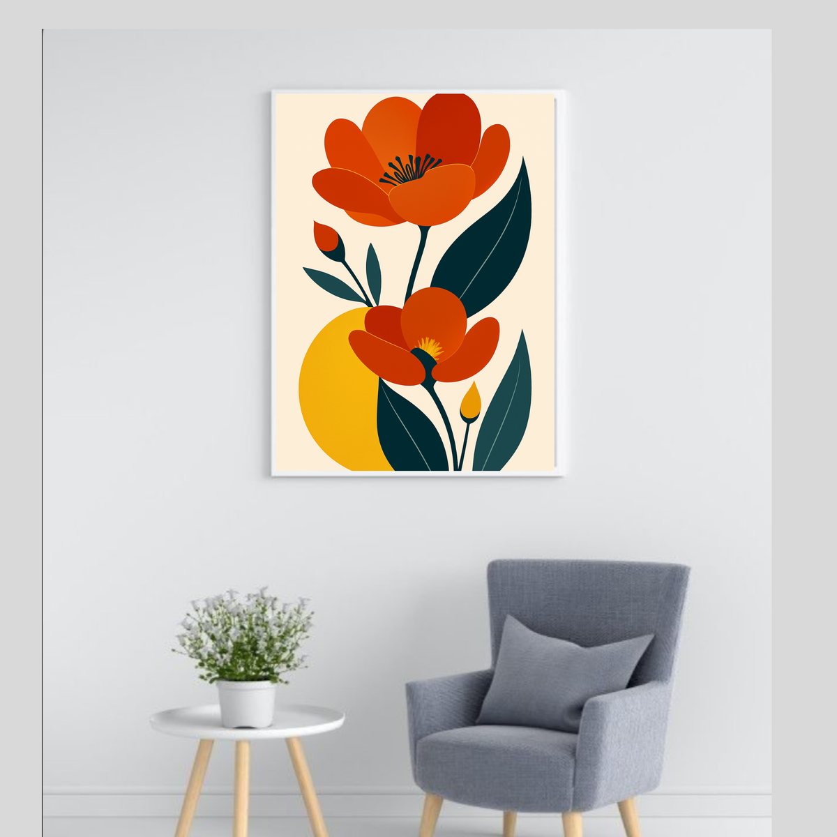 Orange Botanical Flower Wall Art – Minimalist Off-White Background