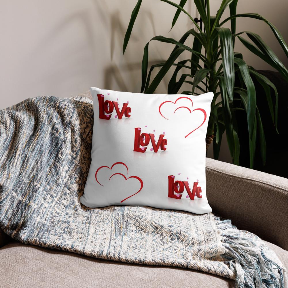 Red & White “Love” Heart Pillow – Romantic Typography Decor – 18x18 Inch