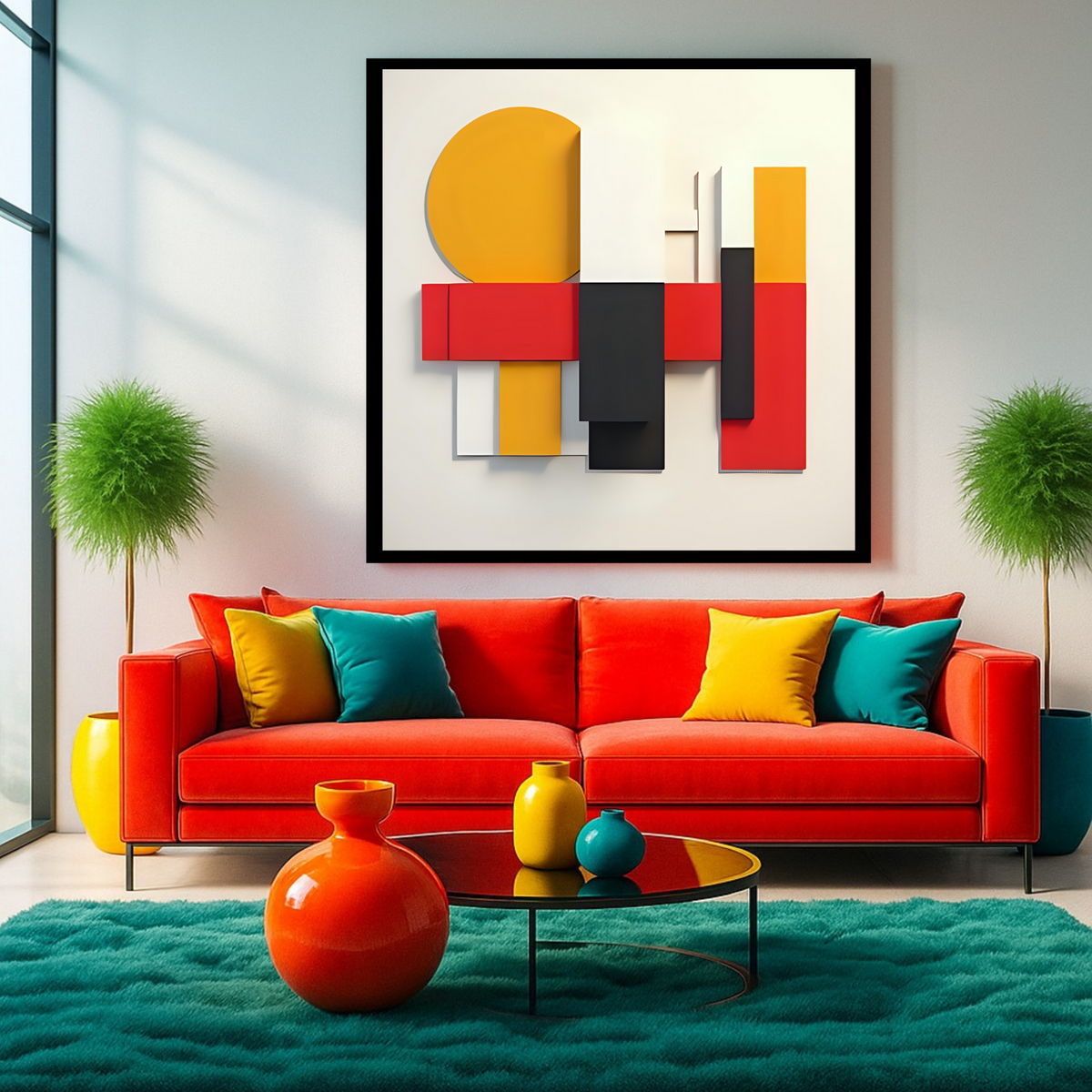 Modern Abstract Wall Art Set – Red, Black & Yellow on Off-White (3 Digital Prints – 16x16, 20x20, 24x24 in)