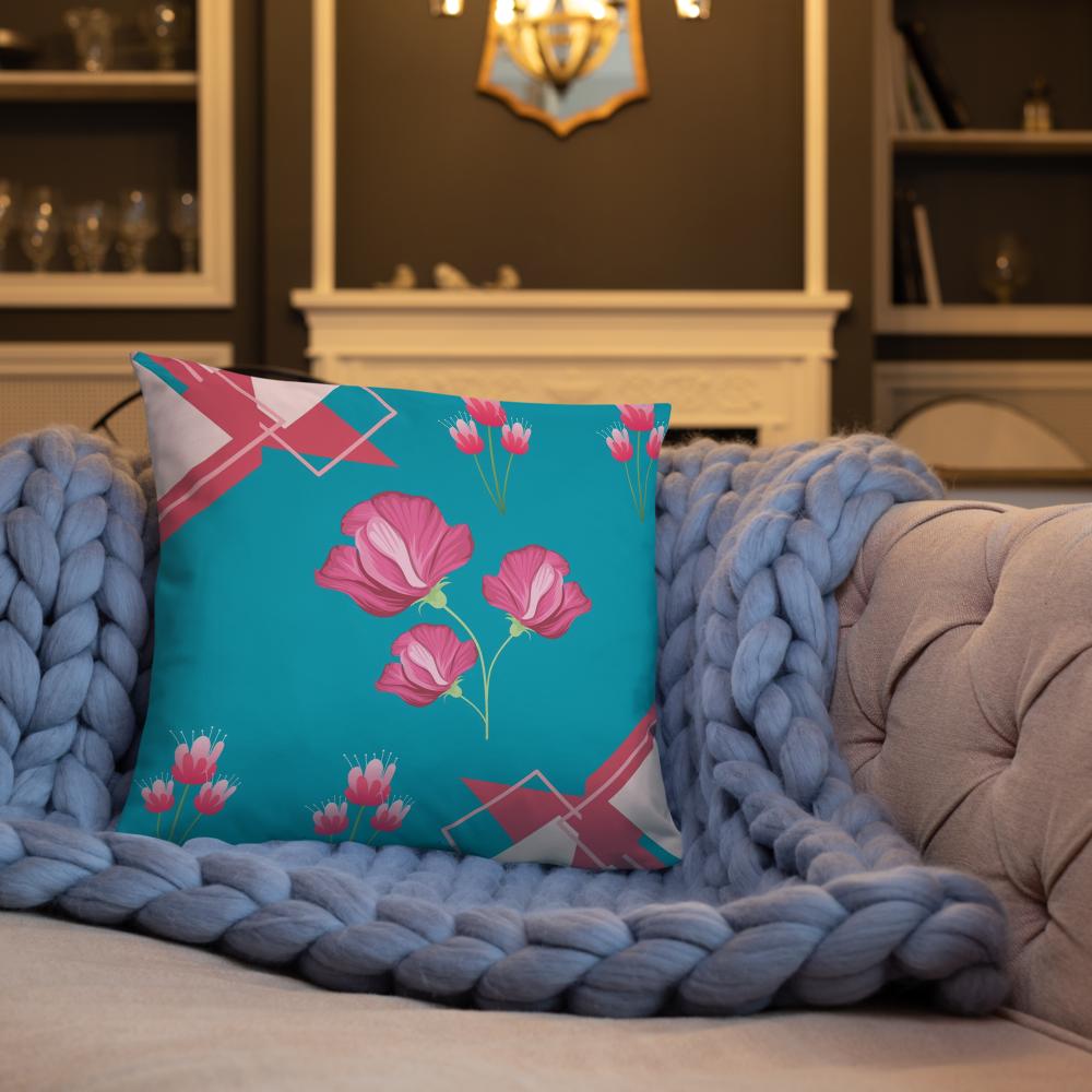 Blue Throw Pillow with Pink Flower & Triangle Accents – 18x18” | Bold Floral Geometric Design