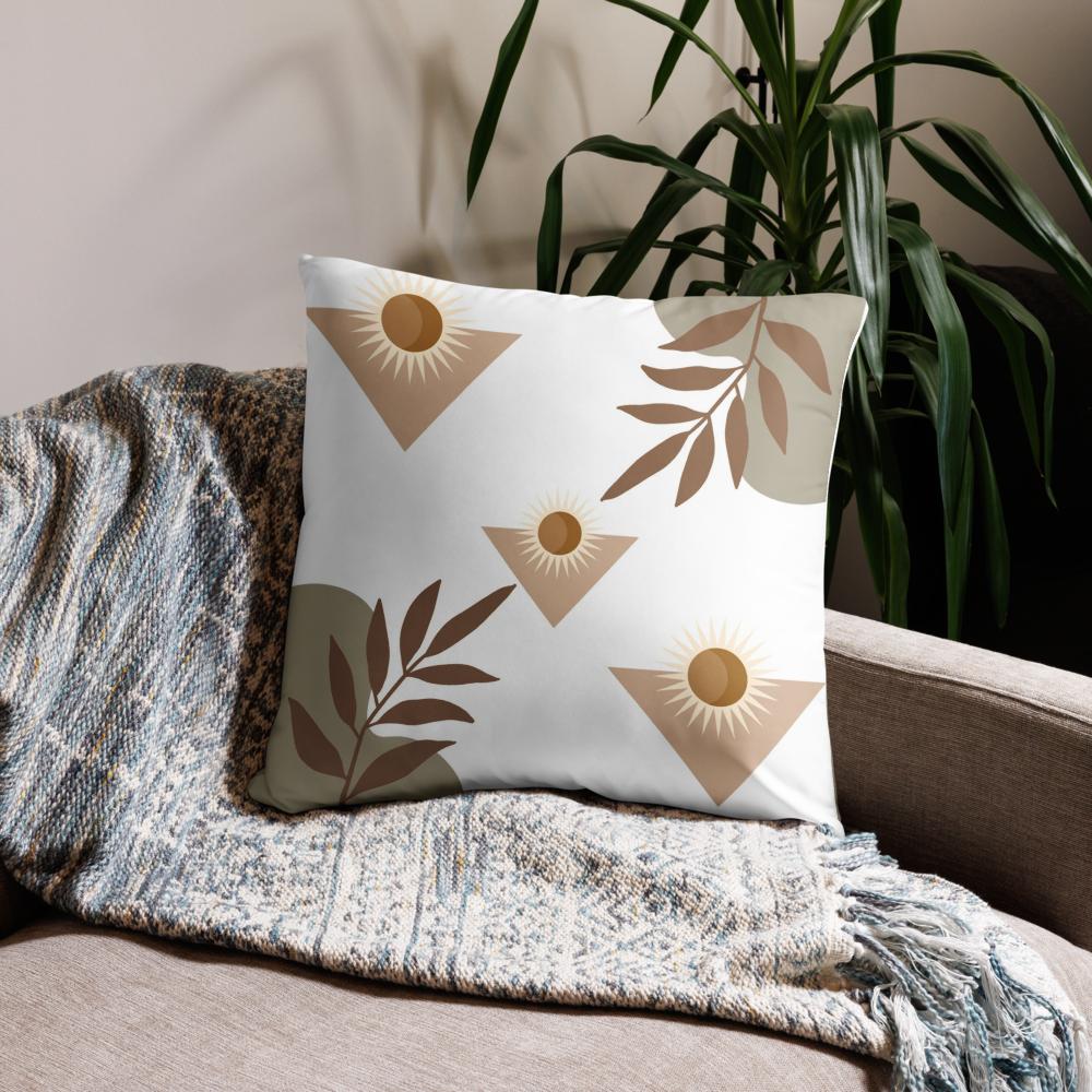 White Throw Pillow with Brown Boho Designs – Decorative Cushion 22x22”