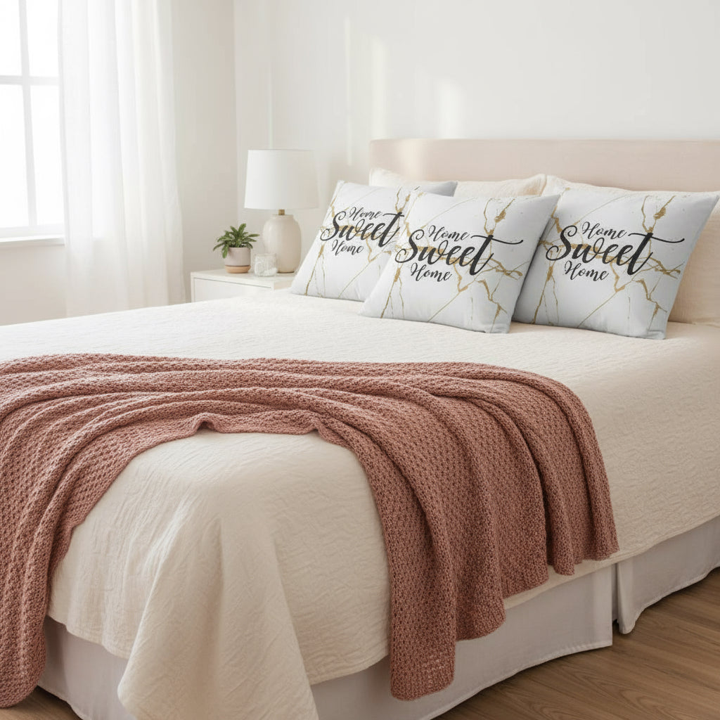 White Throw Pillow with Gold Design – “Home Sweet Home” Decorative Cushion 22x22”