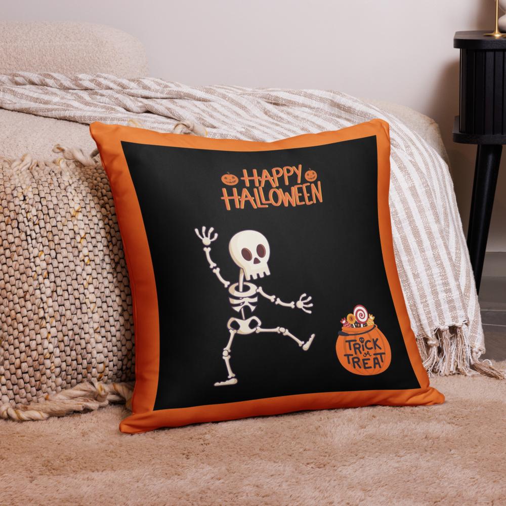 Happy Halloween Skeleton & Candy Treats Throw Pillow – Black & Orange 22x22” Decorative Cushion