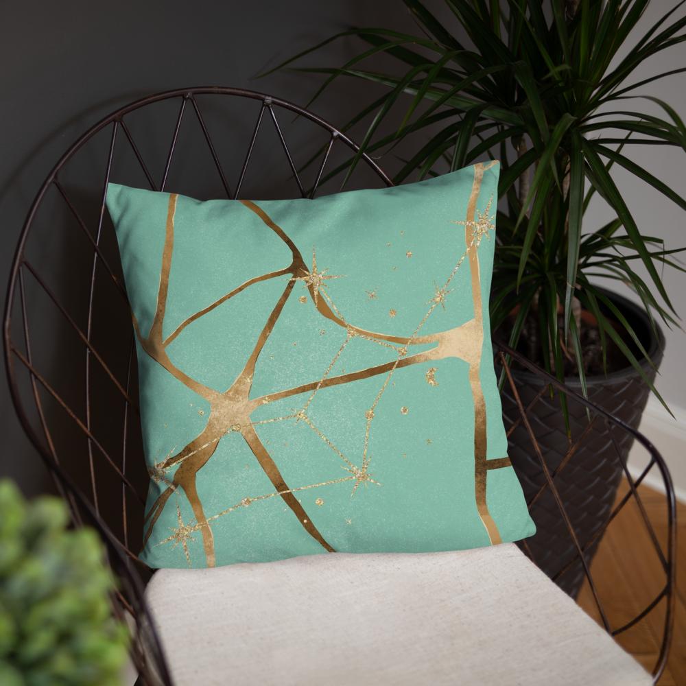 Green Throw Pillow with Gold Patterns – 18x18” | Elegant Luxe Accent Cushion