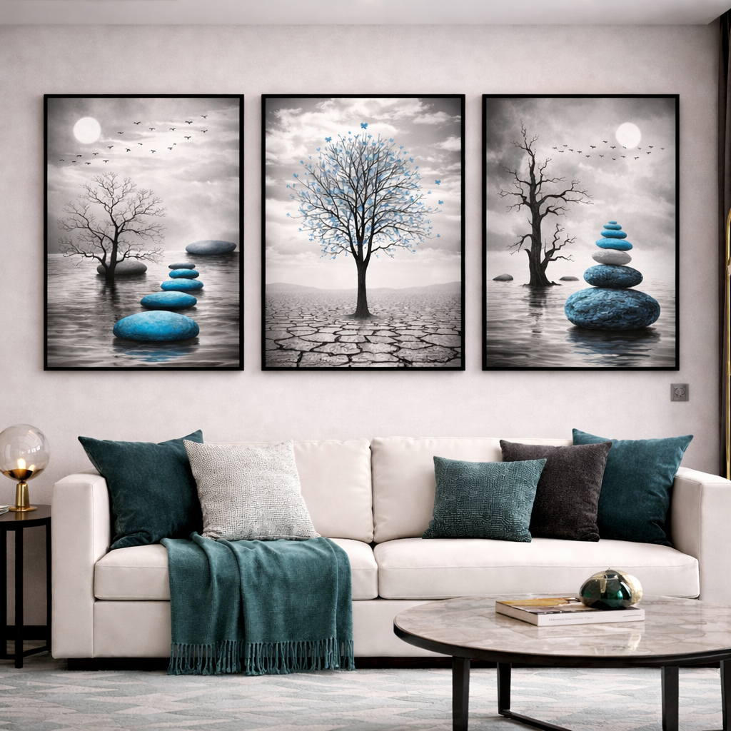 – Minimalist Nature Wall Art Set of 3 | Blue Tree & Stacked Stones Printable