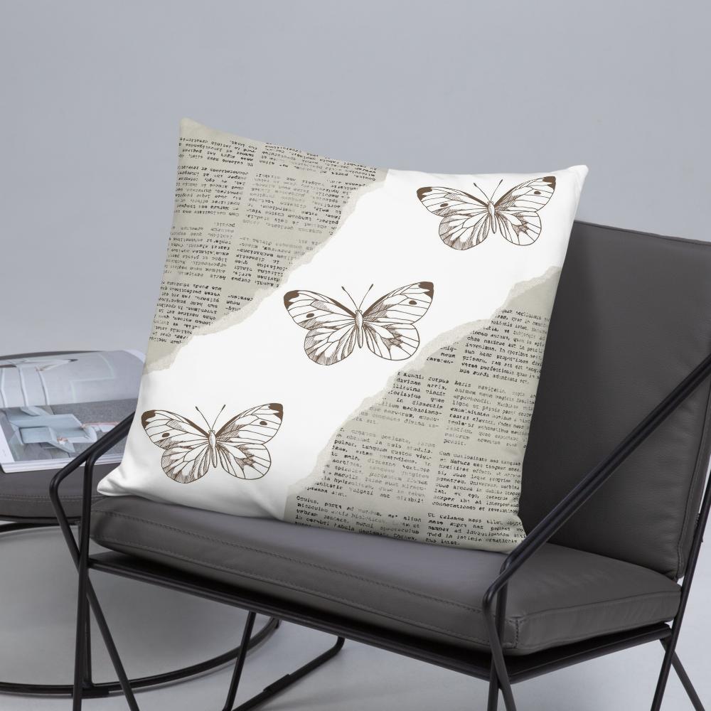 Vintage Newspaper Throw Pillow with Butterflies – Decorative Cushion 22x22”