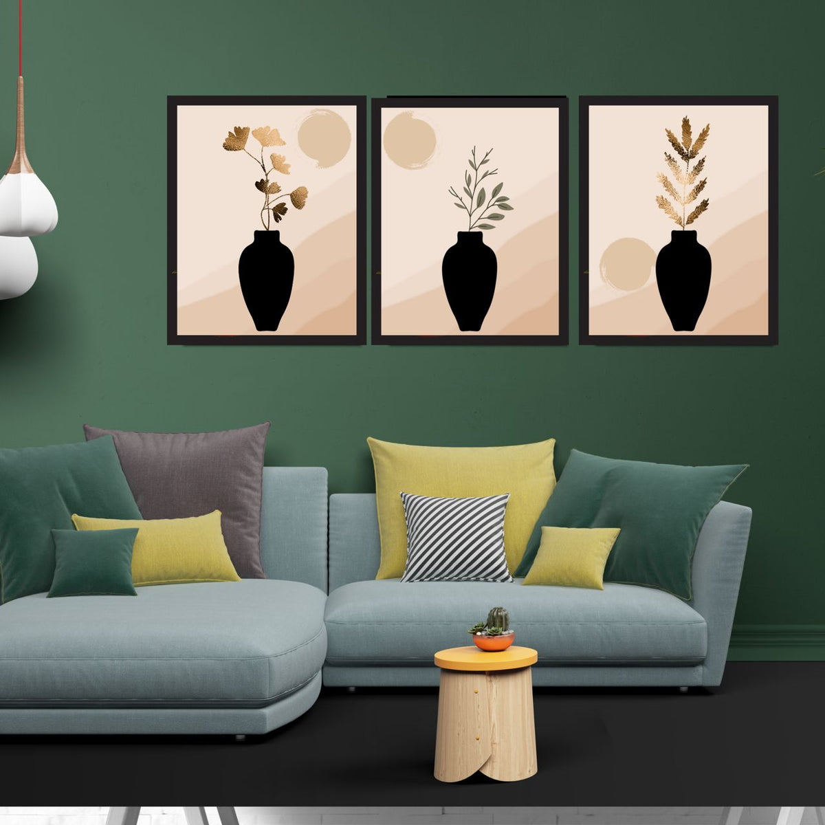 Neutral Vase Wall Art Set – 3 Printable Botanical Prints (Gold & Green Flowers) | Digital Download | 3 Sizes Included