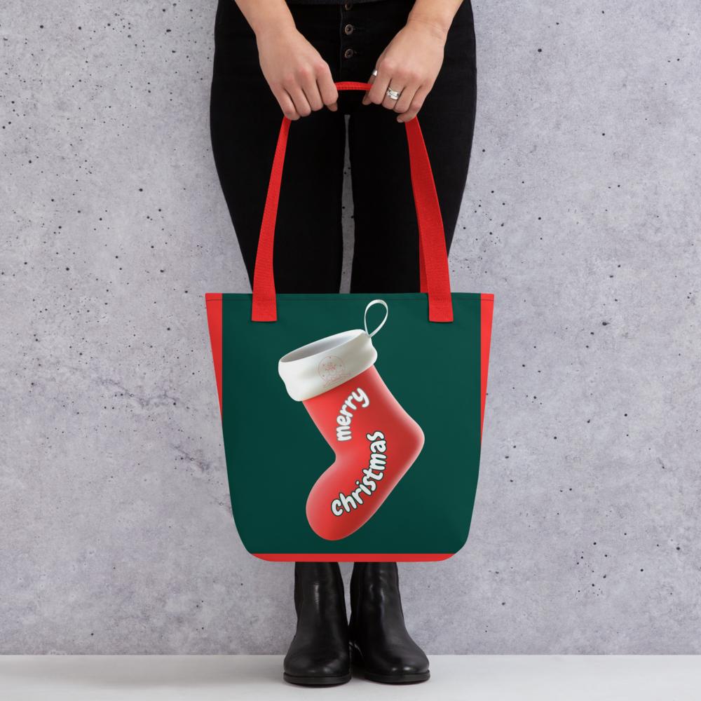 Christmas Tote Bag – Green & Red Festive Reusable Holiday Tote with Christmas Elements