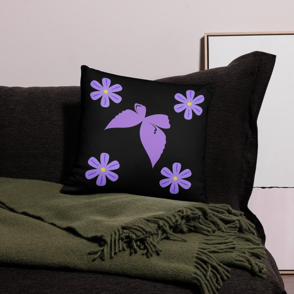 Black Throw Pillow with Purple Flowers & Central Bow – 18x18” | Elegant Floral Accent Cushion
