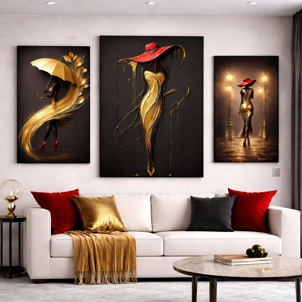 Luxury Gold & Red Woman Wall Art Set of 3 – Elegant Fashion Illustration Digital Download (Instant Print)