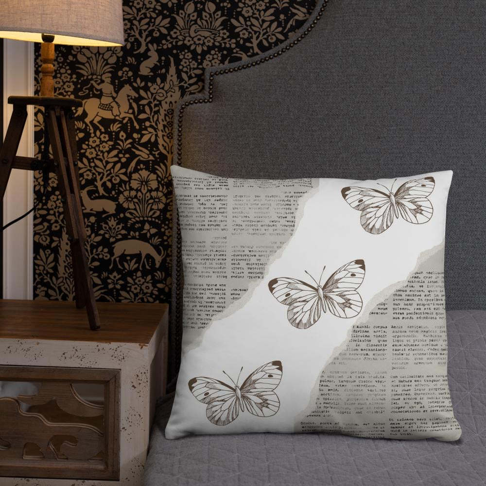 Vintage Newspaper Throw Pillow with Butterflies – Decorative Cushion 22x22”