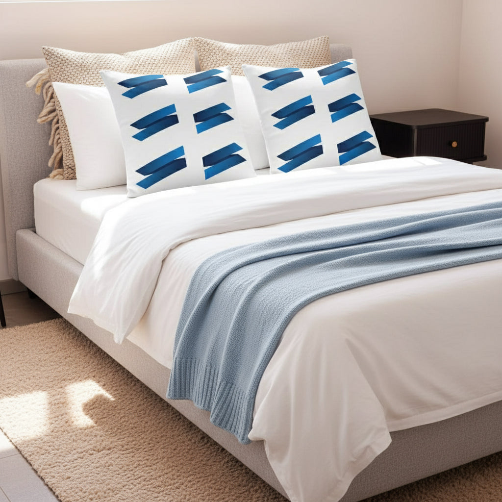| White Throw Pillow with Blue Accents – Elegant 18x18 Decorative Cushion for Sofa or Bedroom”