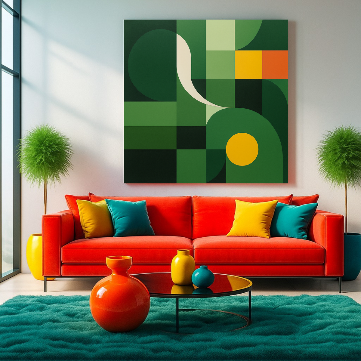 Square Abstract Wall Art – Green, White, Yellow & Orange Modern Digital Print | Digital Download (20x20, 24x24, 36x36)