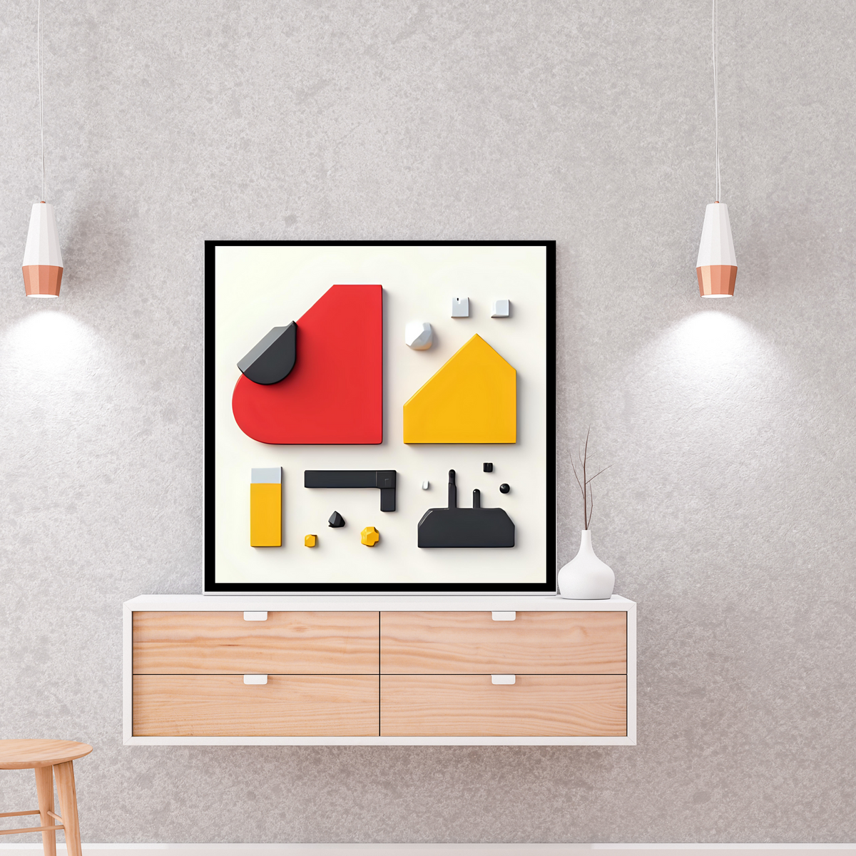 Premium Abstract Wall Art Set – Red, Yellow & Black on Off-White (3 Digital Prints – 16x16, 20x20, 24x24 in)