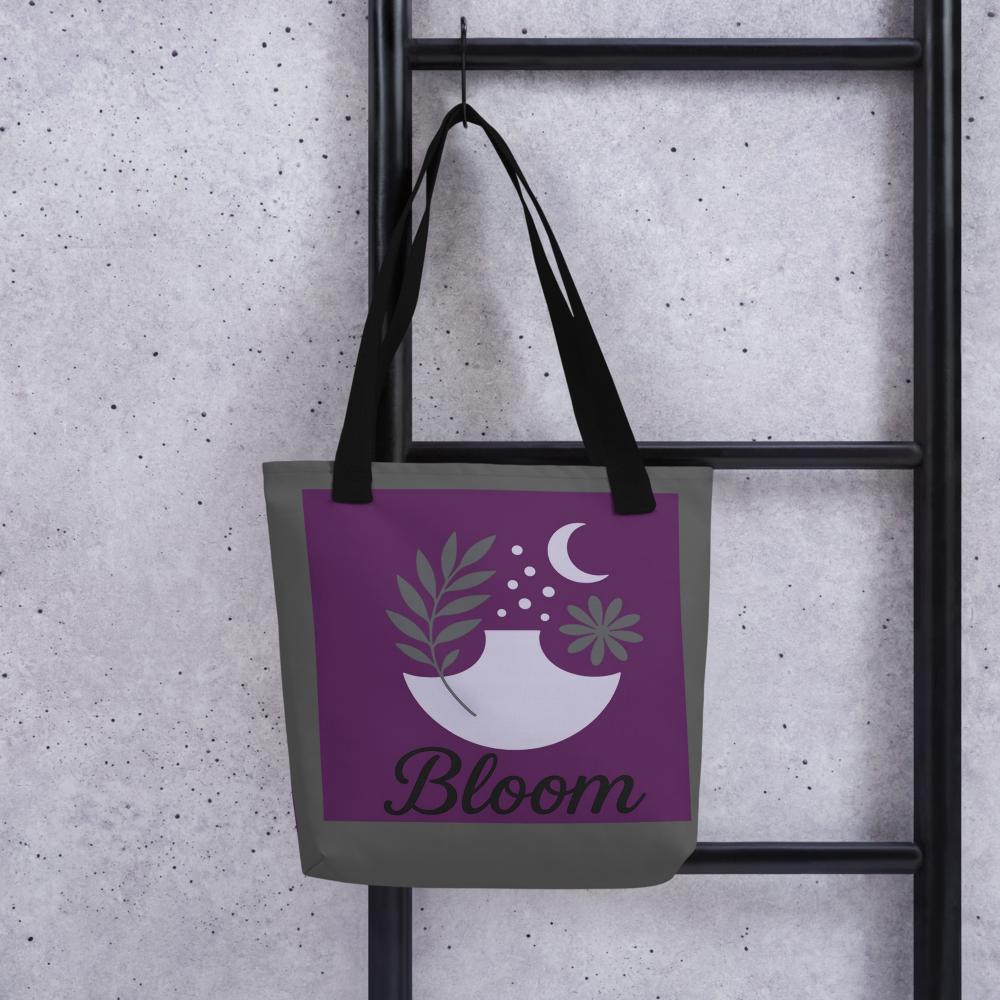 Purple & Grey “BLOOM” Boho Tote Bag – 15”x15” Botanical Style Carryall