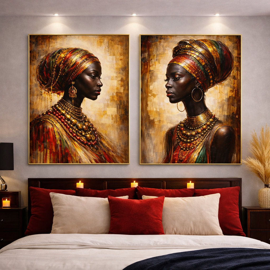 Luxury Afrocentric Queen Wall Art Set – Red & Gold African Woman Portraits – Bold Bedroom Decor – Modern Black Woman Printable (11x14, 16x20, 18x24, 24x36)