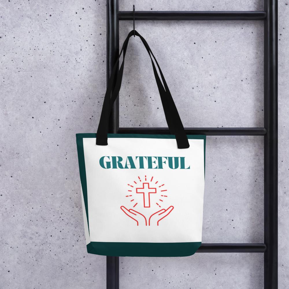 Green & White “Grateful” Tote Bag with Cross – 15”x15” Thanksgiving & Everyday Carryall