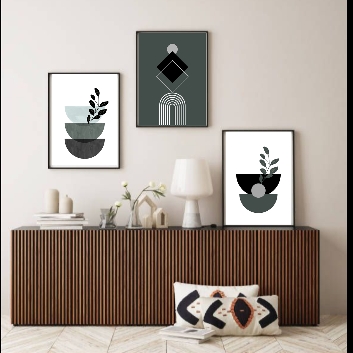 Boho Green & Black Wall Art Set – of 3 Minimalist Botanical Digital Download Prints, Modern Neutral Home Décor (16x20, 18x24, 24x36)