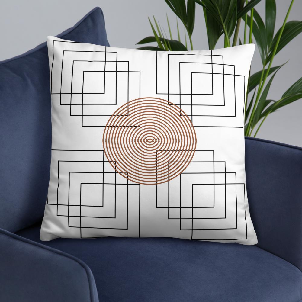 White Throw Pillow with Black Geometric Square Patterns & Brown Round Boho Design – 22x22”