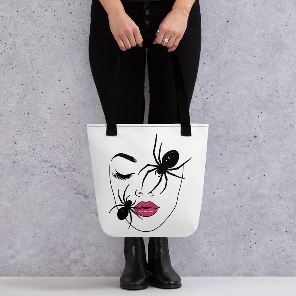 White “Haunted Beauty” Halloween Tote Bag – 15”x15” Artistic Woman’s Face with Black Moths