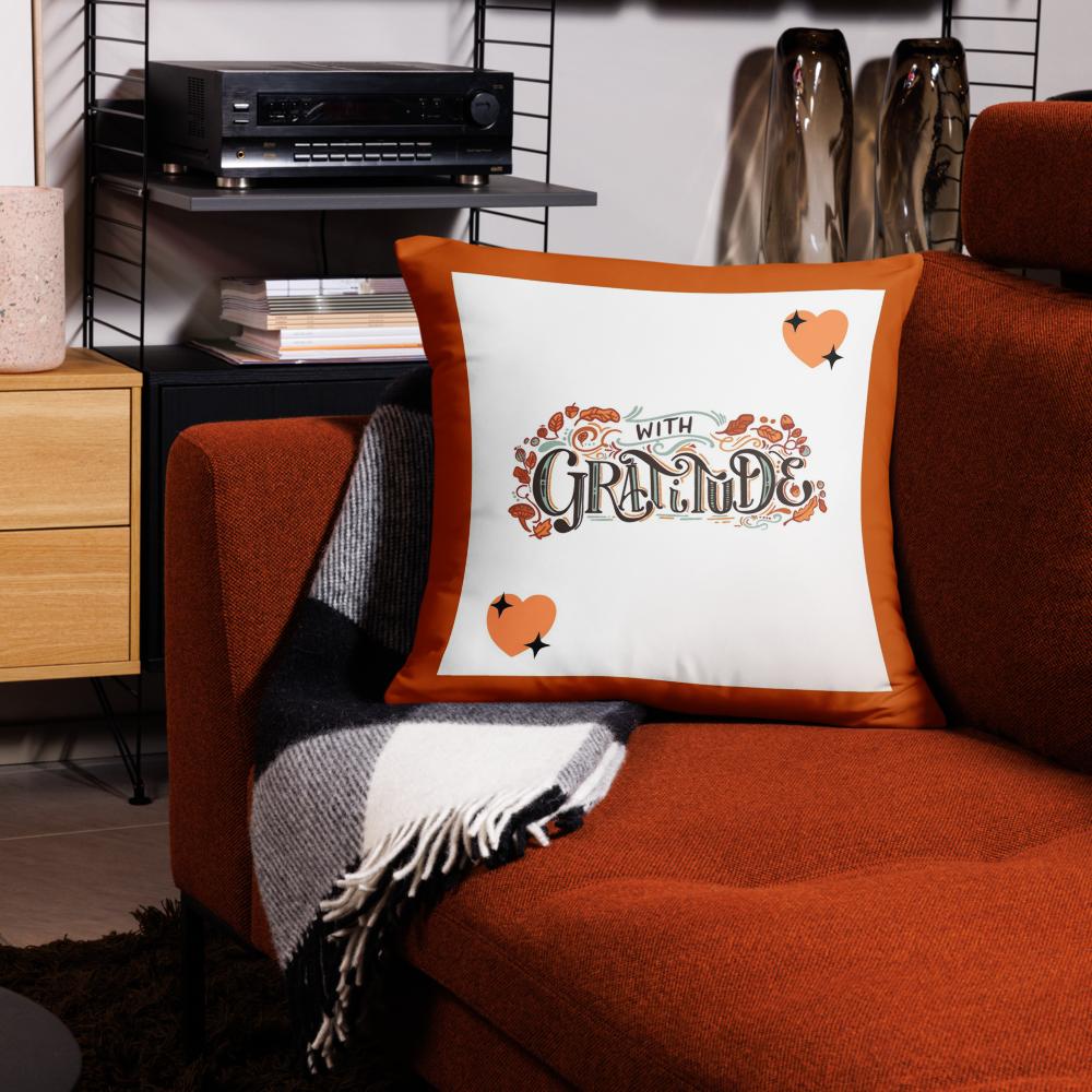 With Gratitude Throw Pillow – Thanksgiving Decorative Cushion (18x18, White with Orange Borders)