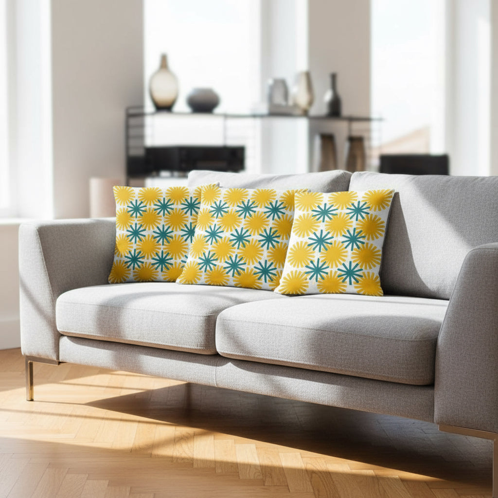 Abstract Round Wheel Throw Pillow – 18x18” Modern Green & Yellow on White
