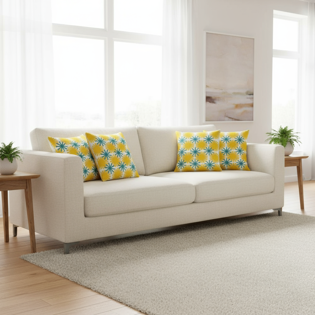 Abstract Round Wheel Throw Pillow – 18x18” Modern Green & Yellow on White