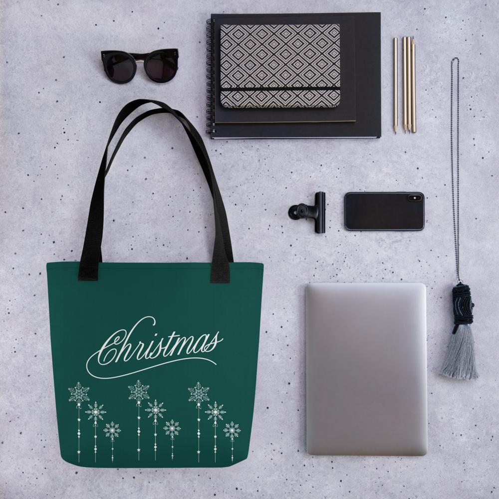 Green “Christmas” Tote Bag with White Holiday Elements – 15”x15” Festive Carryall