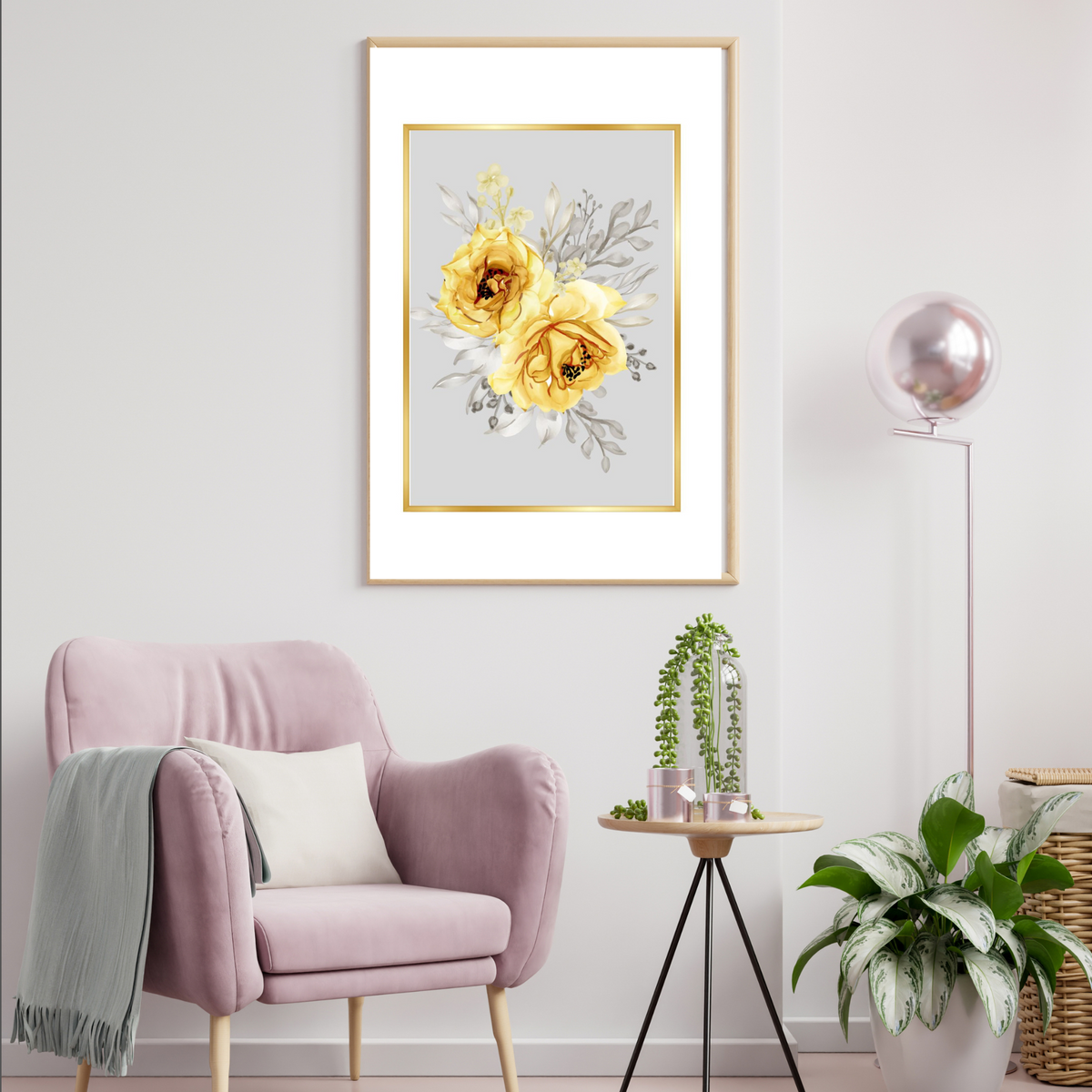 Gold Border Gray Center Yellow Flower – 2 Piece Digital Wall Art Set – Digital Download