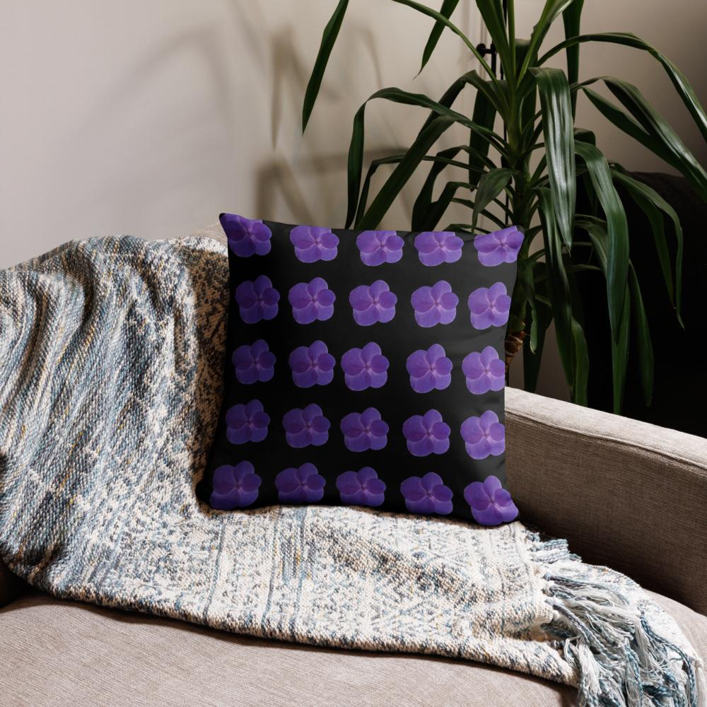 Black Throw Pillow with Lined Purple Flowers – 18x18” | Modern Minimal Floral Pattern