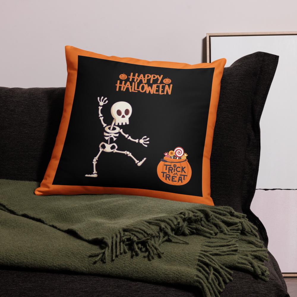 Happy Halloween Skeleton & Candy Treats Throw Pillow – Black & Orange 22x22” Decorative Cushion