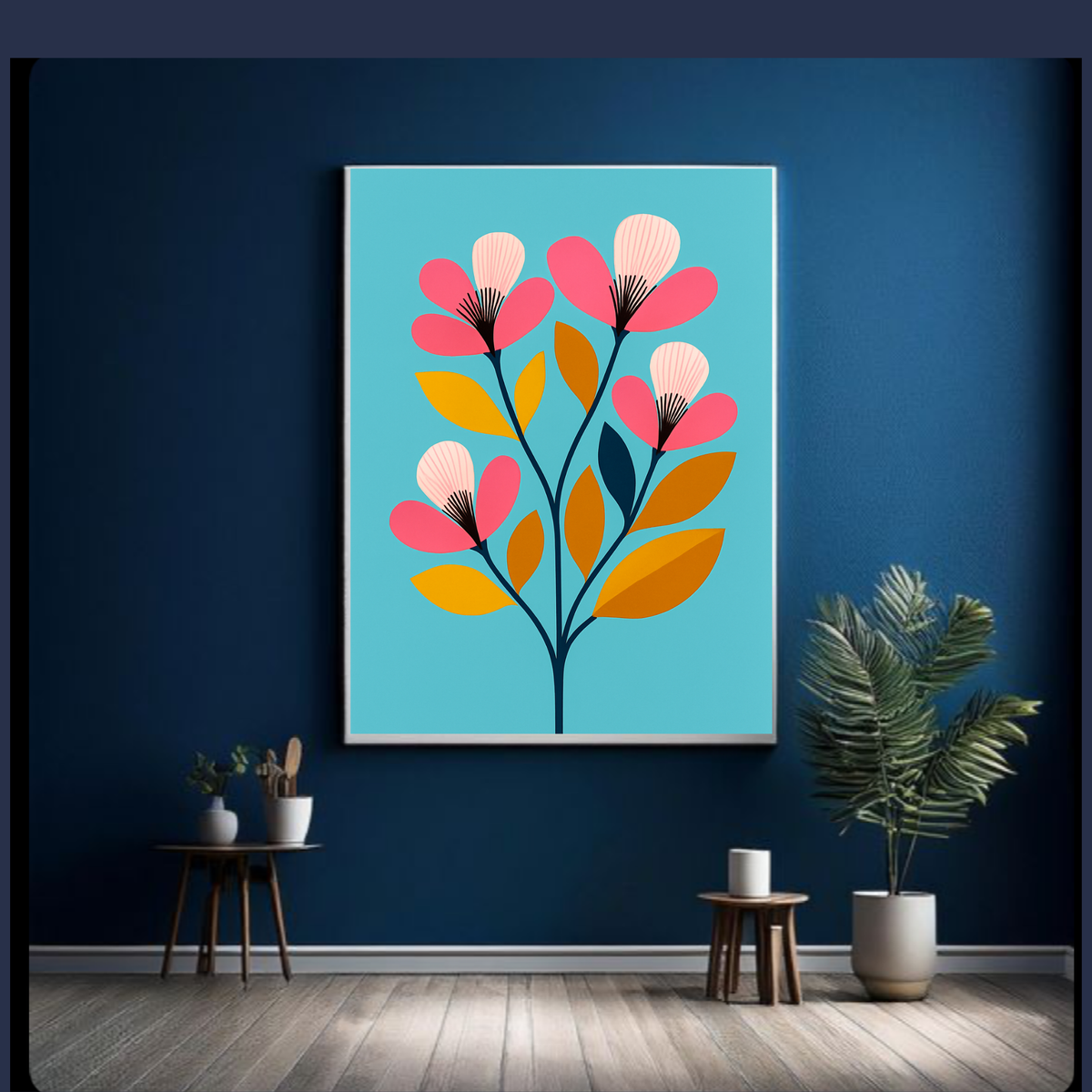 Elegant Botanical Wall Art – Yellow & Pink Floral Print on Blue Background (Digital Download)