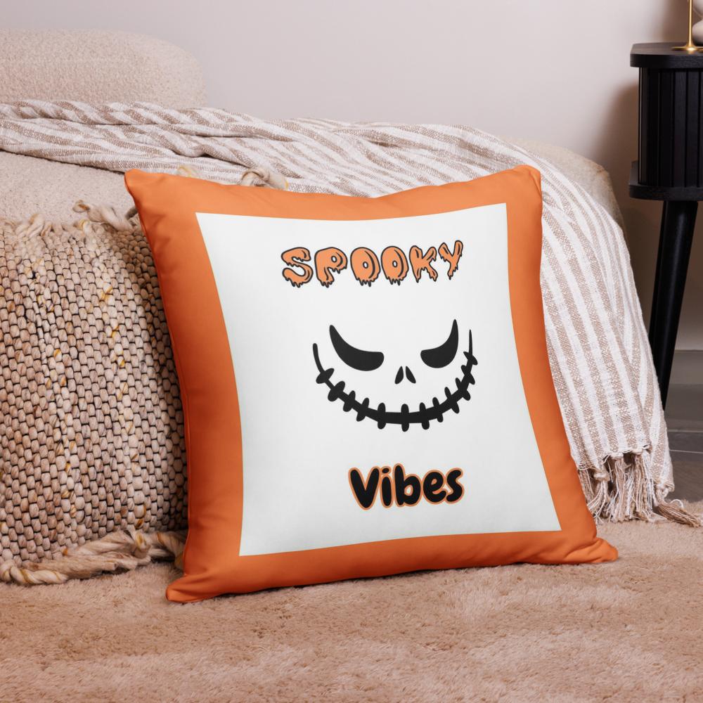 Spooky Vibes Halloween Pillow – 18x18 Orange & White Throw Cushion