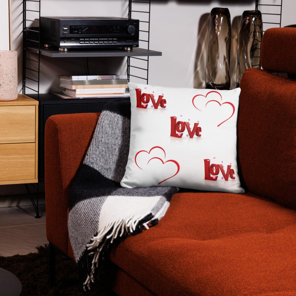 Red & White “Love” Heart Pillow – Romantic Typography Decor – 18x18 Inch