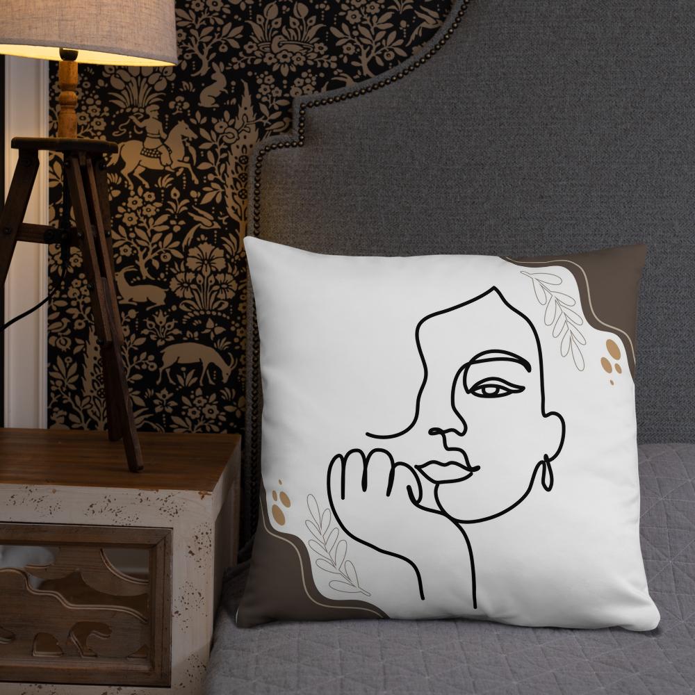 White Throw Pillow with Brown Boho Designs & Minimalist Woman Face Line Art – 22x22”
