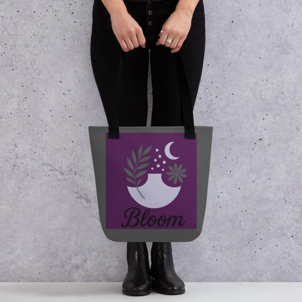 Purple & Grey “BLOOM” Boho Tote Bag – 15”x15” Botanical Style Carryall
