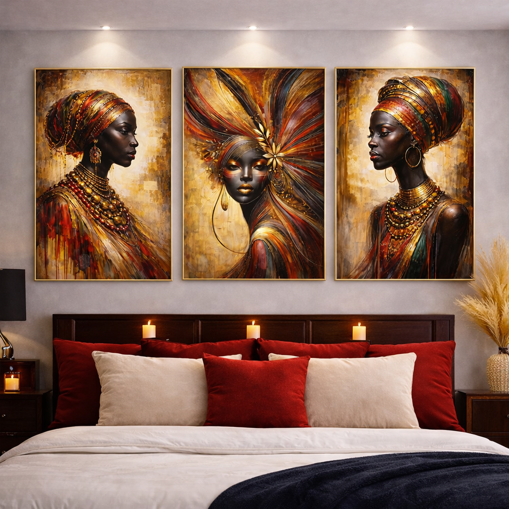 Luxury Afrocentric Queen Wall Art Set – Red & Gold African Woman Portraits – Bold Bedroom Decor – Modern Black Woman Printable (11x14, 16x20, 18x24, 24x36)