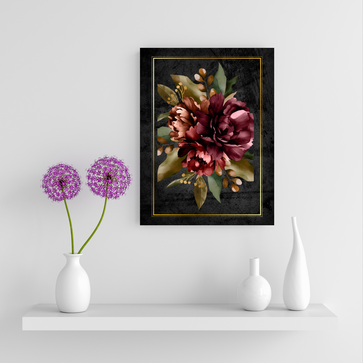 Degeta Wall Art Set of 3 – Burgundy Floral Prints with Glossy Background & Gold Frame Effect (Digital Download)