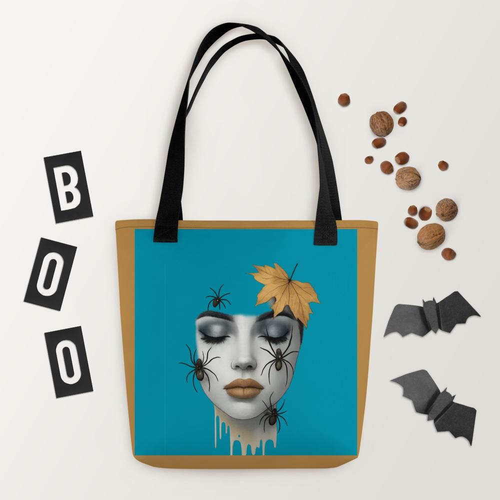 Blue & Brown Halloween Tote Bag – 15”x15” Spooky-Chic Fall Fashion Accessory