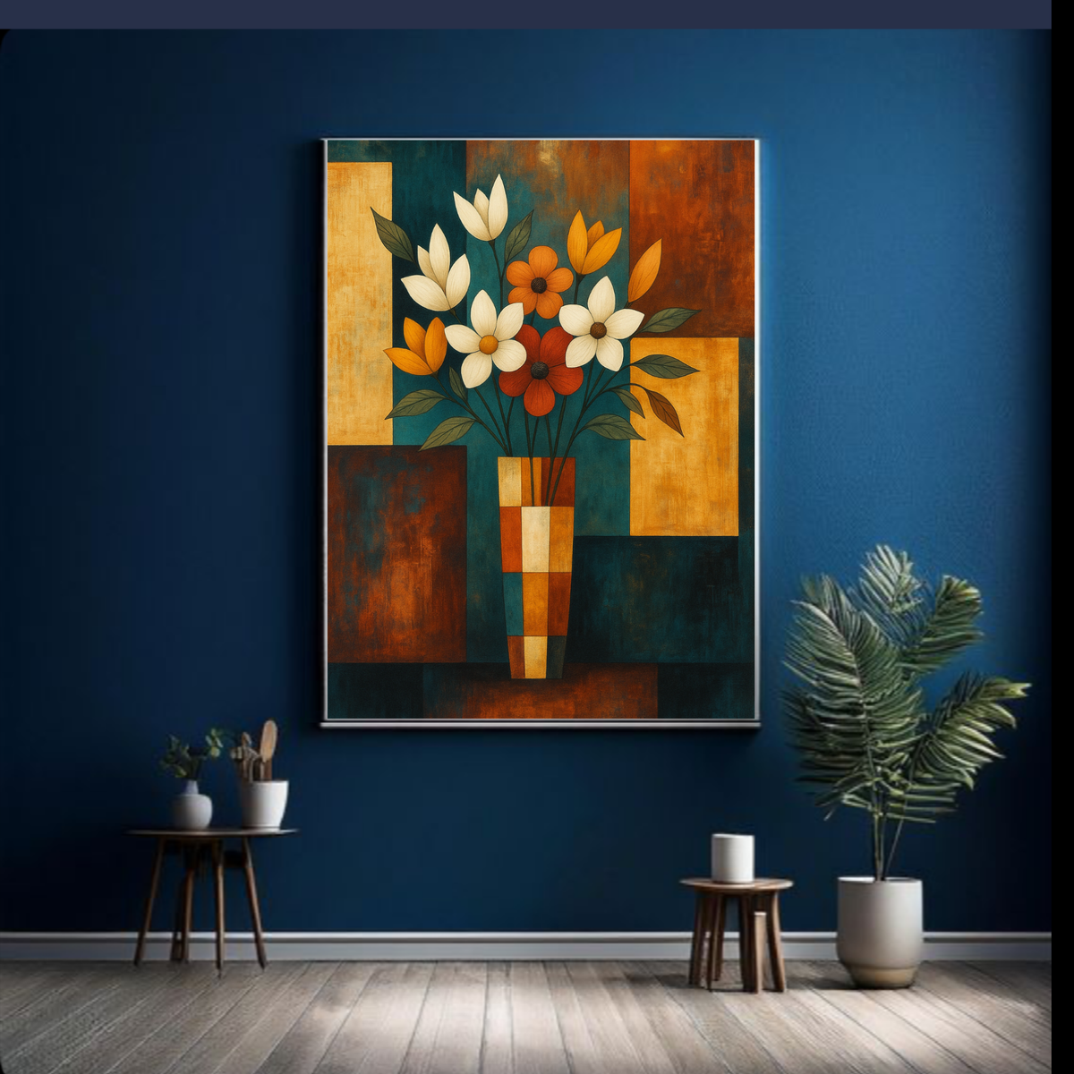 Elegant Floral Vase Wall Art – Green, Burnt Orange & Gold Checkered Background | Printable Digital Download