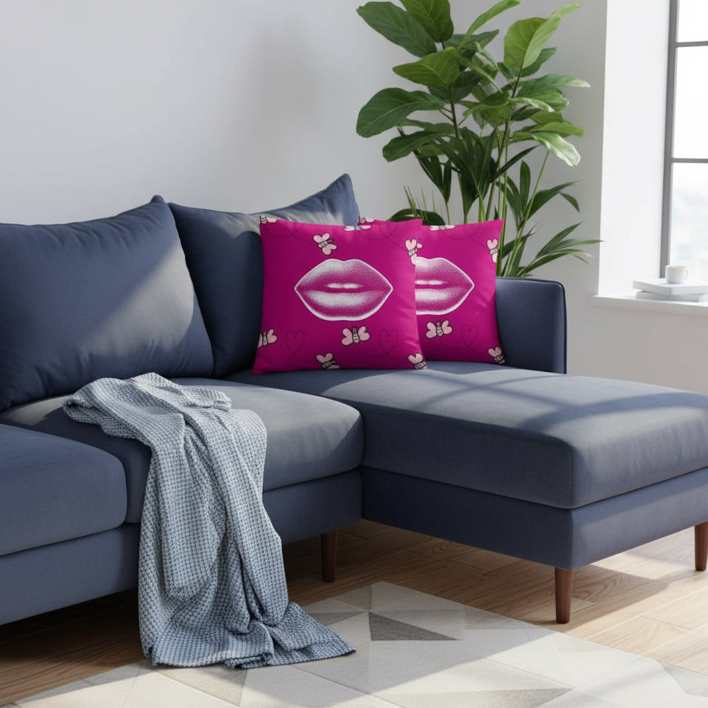 Pink Throw Pillow with Lips & Hearts – 18x18” | Fun & Flirty Pop Art Accent
