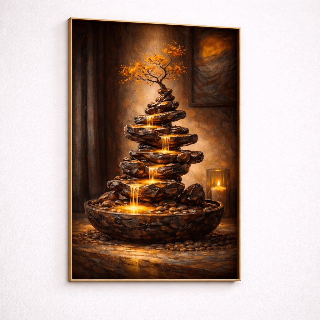 Instant Digital Download – Zen Stone Fountain Wall Art Set of 3 | Warm Gold Abstract Meditation Art | Printable Modern Living Room Decor