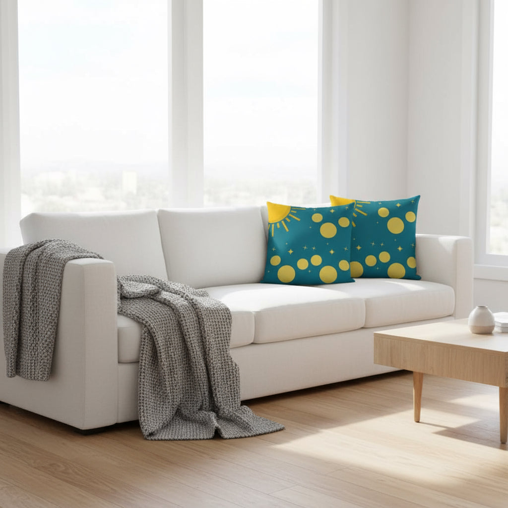 Green Throw Pillow with Sun, Circles & Diamonds – 18x18” | Playful Geometric Accent