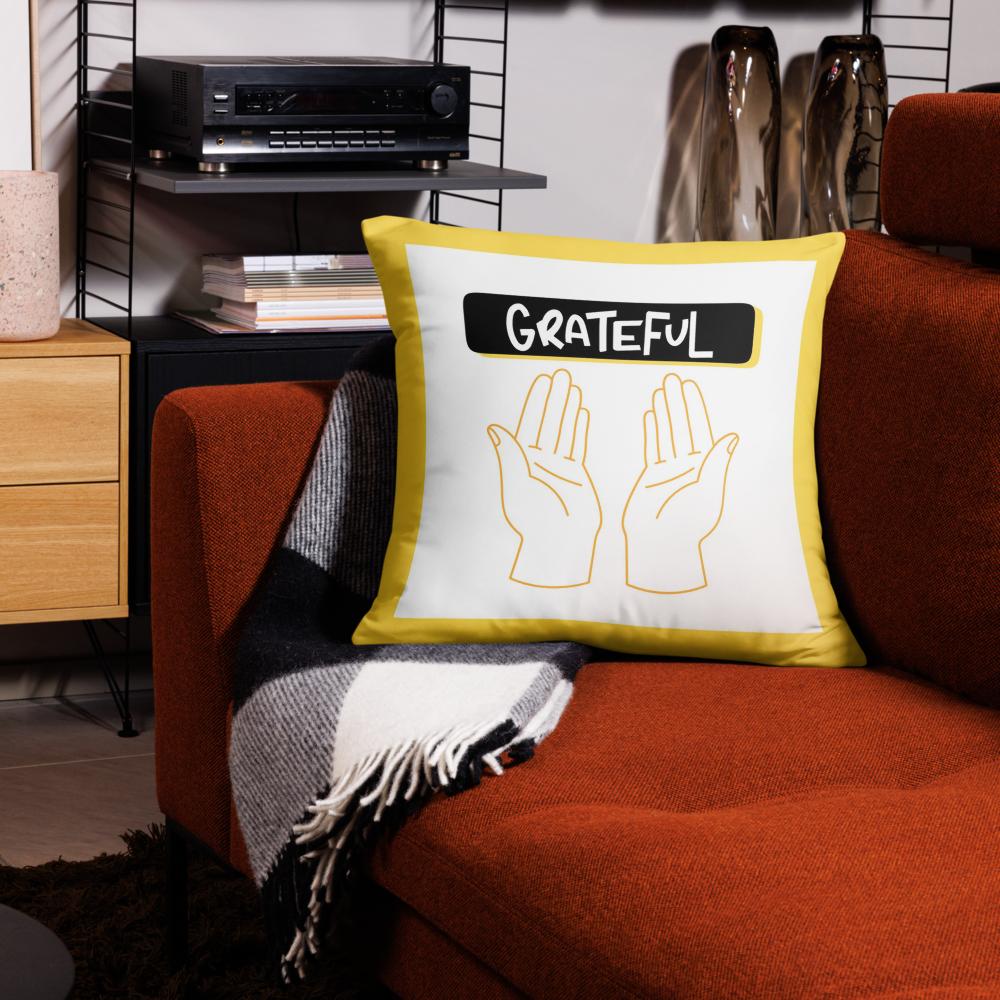 Grateful Thanksgiving Pillow – 22x22” White & Yellow Cushion with Open Palms