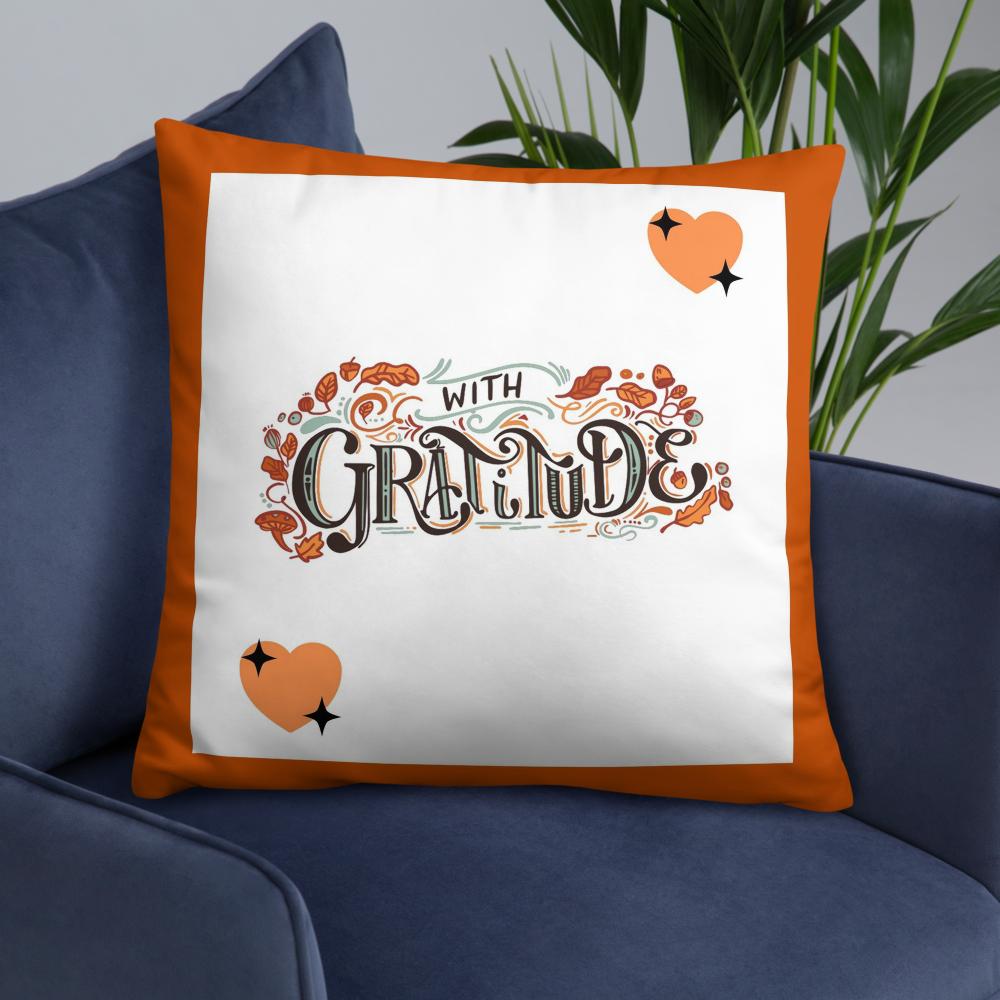 With Gratitude Throw Pillow – Thanksgiving Decorative Cushion (18x18, White with Orange Borders)