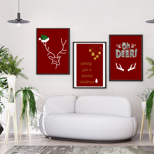 Red White and Gold Christmas Wall Art Set of 3 | Portrait Holiday Prints | Festive Digital Download | Elegant Christmas Home Decor