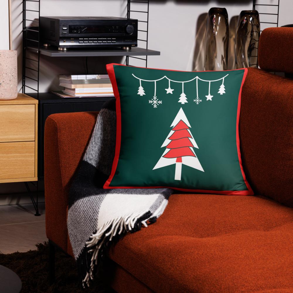 Festive Green & Red Christmas Tree Throw Pillow – 22x22” Holiday Cushion for Living Room & Bedroom Decorating