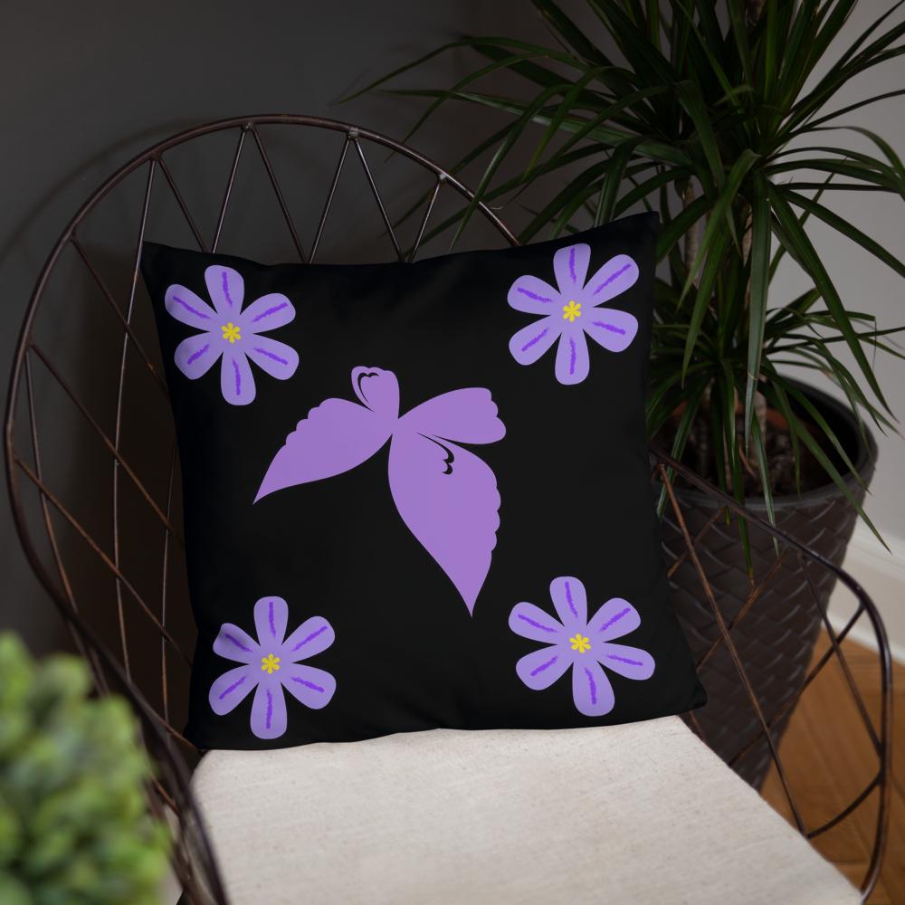 Black Throw Pillow with Purple Flowers & Central Bow – 18x18” | Elegant Floral Accent Cushion