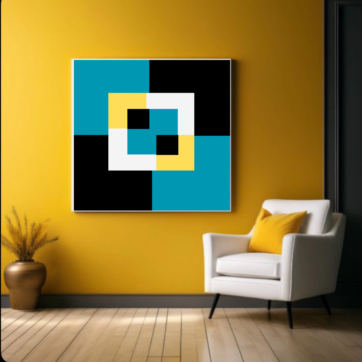 Yellow Green & Black Abstract Shapes – Square Digital Wall Art (20x20, 24x24, 36x36) – Set of 2 Digital Prints